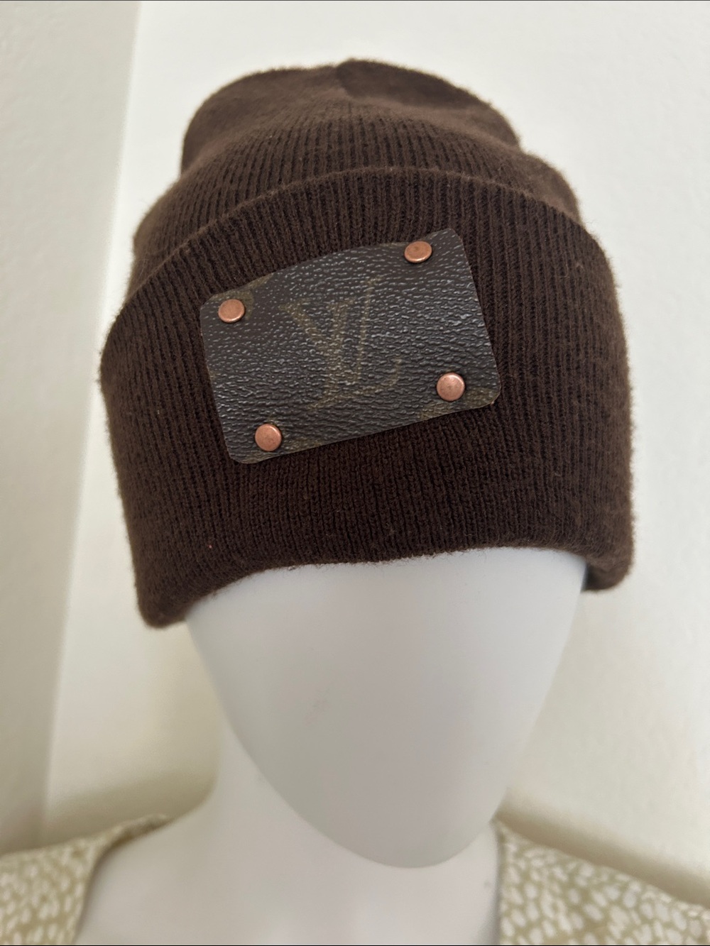 Dark Brown Knit Beanie with Monogram Patch